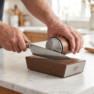 Aiguiseur de couteau en bois stabilisĂ© sur un comptoir pendant lâentretien dâune lame