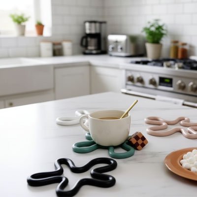 Dessous de plat design ondulé servant de support décoratif sous une tasse en céramique