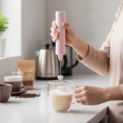 Mousseur à lait sans fil utilisé pour préparer une mousse onctueuse.