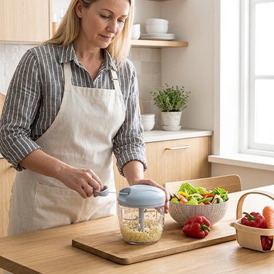 Personne actionnant un hachoir pour préparer légumes dans cuisine lumineuse.