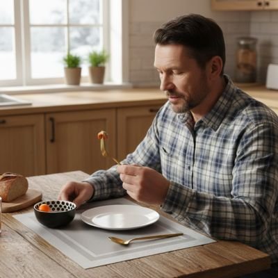 un-homme-mangeant-un-fruit-en-regardant-un-plat-sur un set de table