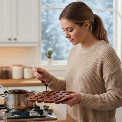 une femme debout dans une cuisine tenant un Moules en silicone prete a l'utiliser