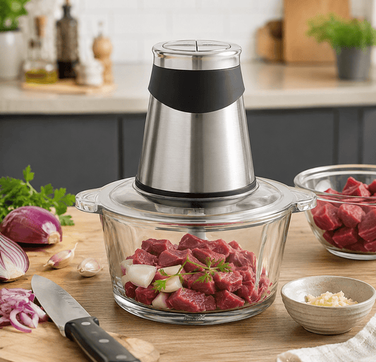 hachoir electrique posee sur une table de cuisine contenant de la viande hachee