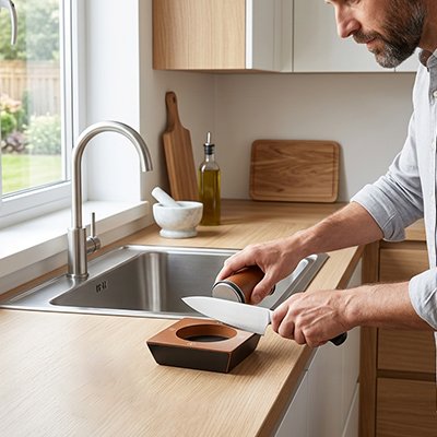 Affûteur manuel en action pour affûter un couteau de cuisine.