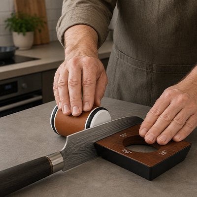 Affûteur manuel guidant la lame pour un affûtage précis en cuisine.