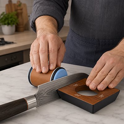 Affûteur manuel utilisé pour aiguiser un couteau sur un plan de travail.