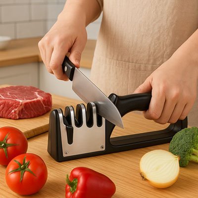 Aiguiseur couteau de cuisine présenté avec steak et oignon sur planche.