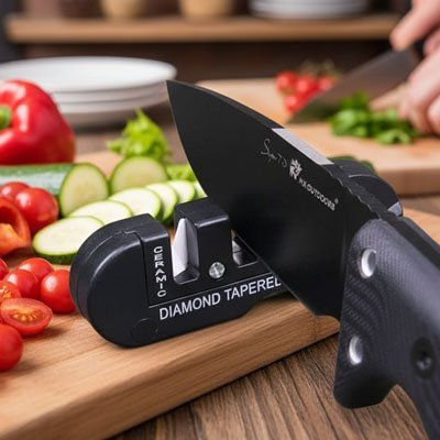 Aiguiseur couteau manuel utilisé pour affûter une lame de cuisine sur un plan de travail avec légumes frais 