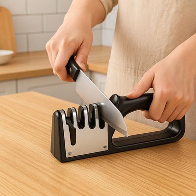 Aiguiseur couteau noir affutant un couteau placé sur une planche à découper 