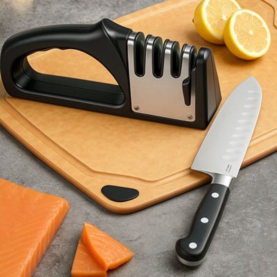 Aiguiseur couteau posé près d’un couteau de chef sur une planche.