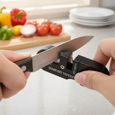 Aiguiseur couteau posé sur un plan de travail, affûtant une lame de cuisine avec légumes découpés en arrière‑plan.