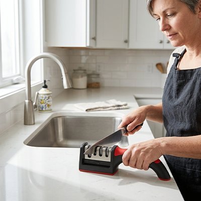 Aiguiseur de couteau compact noir et rouge employé pour affûter une lame dans une cuisine moderne.