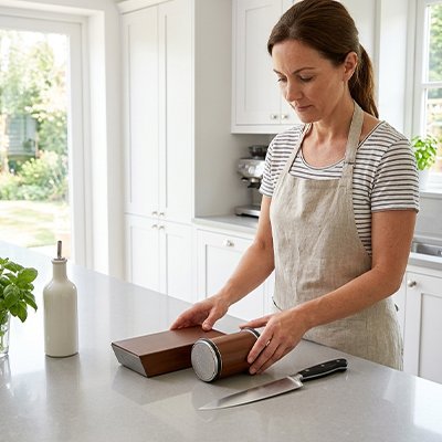 Aiguiseur de couteau en bois utilisé pour affûter une lame sur un comptoir de cuisine.