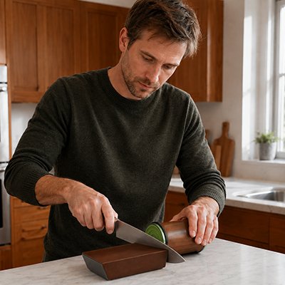 Aiguiseur de couteau en bois utilisé pour affûter une lame sur un plan de travail