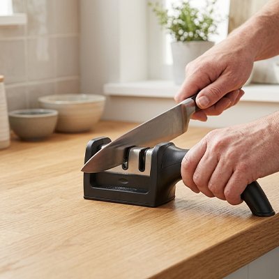 Aiguiseur de couteau manuel à plusieurs fentes placé sur un plan de travail blanc.