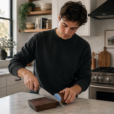 Aiguiseur de couteau manuel entrain d'aiguiser sur un plan de travail clair dans une cuisine moderne.
