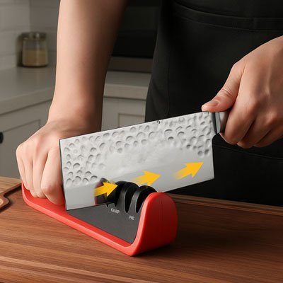 Aiguiseur de couteau manuel utilisé pour redonner du tranchant à un couteau de cuisine