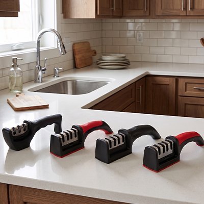 Aiguiseur de couteau noir et rouge posé sur un comptoir de cuisine moderne.