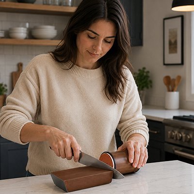 Aiguiseur de couteau utilisé pour affûter un couteau de cuisine sur un plan de travail clair