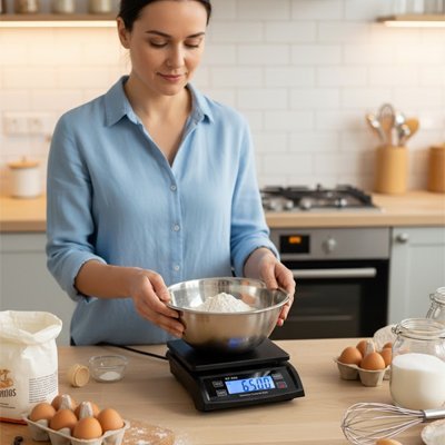 Balance de cuisine affichant poids d’un bol de farine en préparation. 