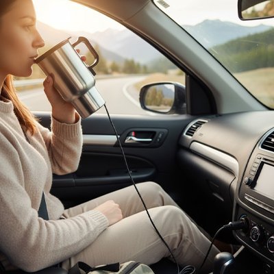 Bouilloire de voyage chauffante utilisée dans une voiture pendant un trajet.