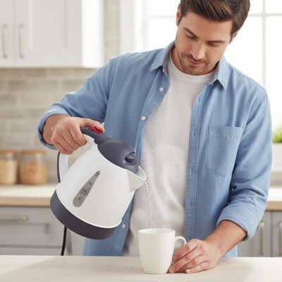 Bouilloire électrique versant de l’eau chaude dans une tasse en cuisine