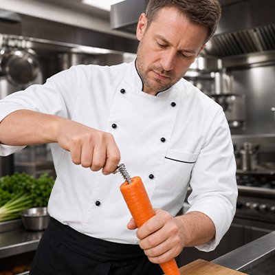 Coupe légume spiraliseur tenu par un chef pour créer une spirale de légume.