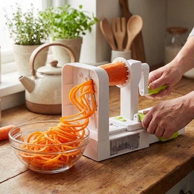 Coupe‑légume spiraliseur blanc et vert en action sur un concombre.