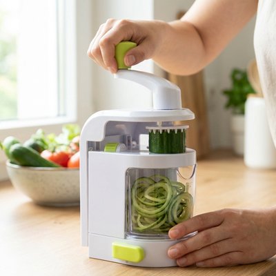 Coupe‑légume spiraliseur utilisé par un adulte et un enfant pour faire des spirales.