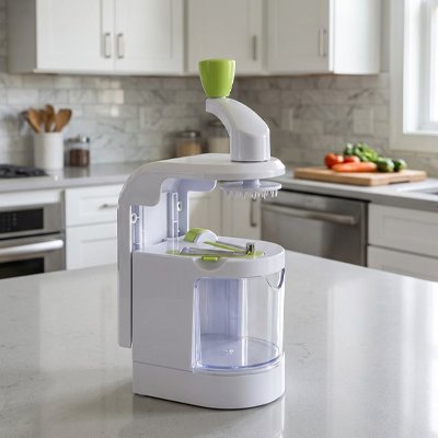 Coupe‑légume vertical fixant un légume sur support rotatif pour la découpe.