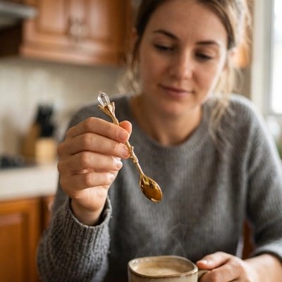 Cuillère à café décorative présentée sur une table ensoleillée.