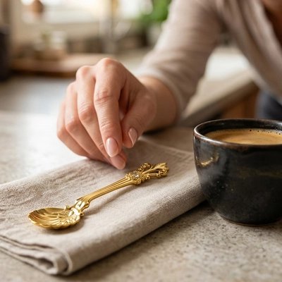 Cuillère à café élégante disposée près d’une tasse de café