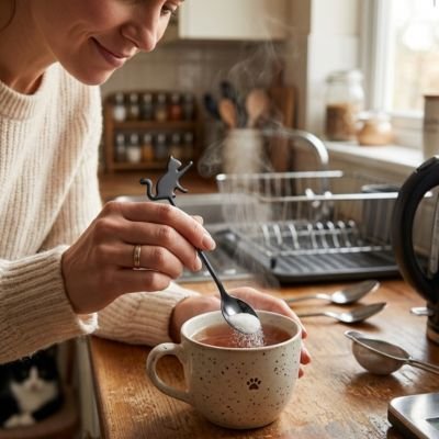 Cuillère à café en action pour ajouter du sucre à une boisson chaude