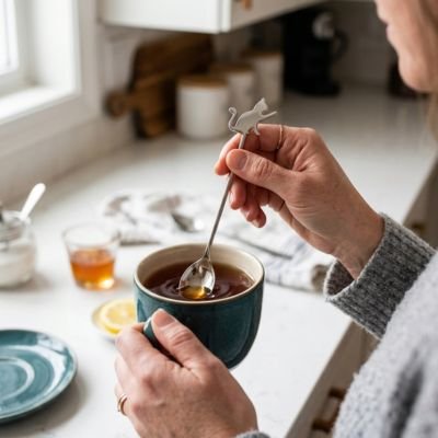 Cuillère à café tenue par une main entrain de remuer du café dans une tasse en céramique 