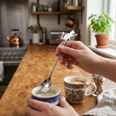 Cuillère à café utilisée pour prendre du sucre dans un petit bol.
