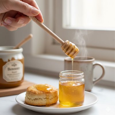 Cuillère à miel en bois servant a mettre du miel sur un gâteau sur une table dressée.