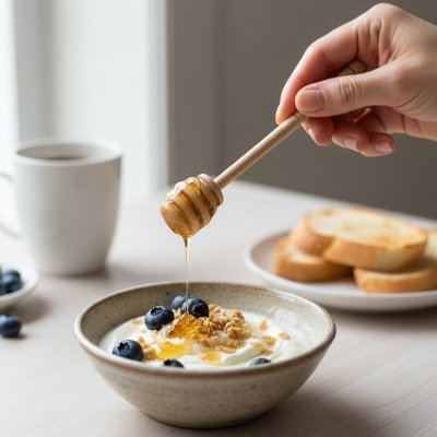Cuillère à miel en bois utilisée pour napper un bol de yaourt au granola. 