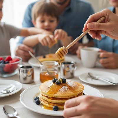 Cuillère à miel en bois utilisée pour verser du miel sur une pile de pancakes.