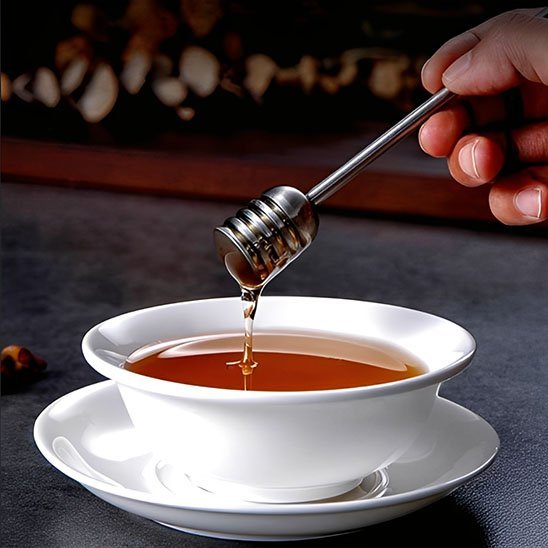 Cuillère à miel métallique tenant du miel au‑dessus d’une boisson chaude.