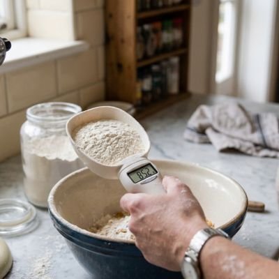 Cuillère doseuse digitale remplie de farine blanche en action de pesée.