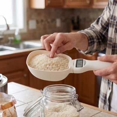 Cuillère doseuse électronique affichant le poids du riz pendant la mesure.