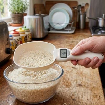 Cuillère doseuse numérique utilisée pour mesurer du riz au‑dessus d’un bol.