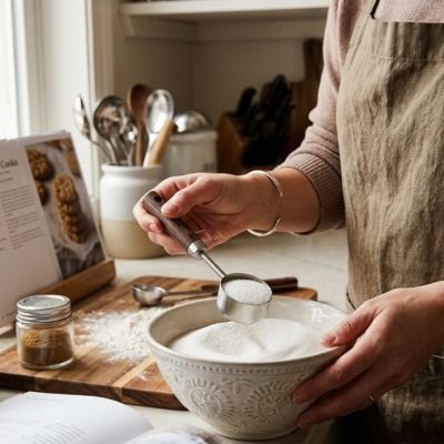 Cuillère doseuse remplie de farine ajoutée à un mélange sec en cuisine.