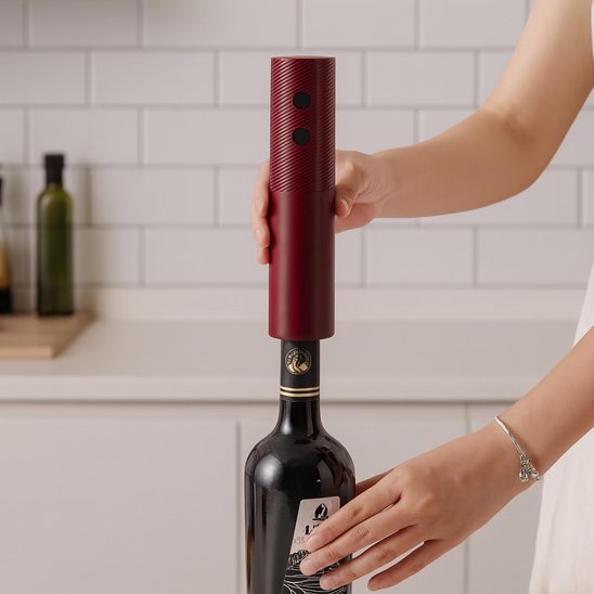 Débouchage d’une bouteille de vin grâce à un tire bouchon électrique.