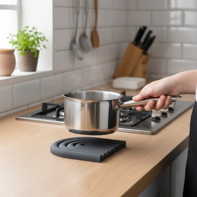 Dessous de plat antidérapant protégeant la surface de cuisine d’un pot en inox chaud 