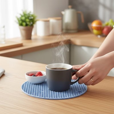 Dessous de plat bleu en nid d’abeille placé sous une tasse de café dans un décor de petit‑déjeuner.