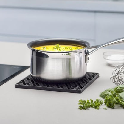 Dessous de plat design en nid d’abeille sous une poêle de cuisine.