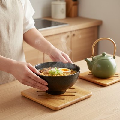 Dessous de plat en bois utilisé pour poser une théière chaude sur le comptoir.