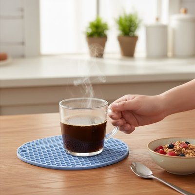 Dessous de plat en silicone bleu utilisé pour poser une tasse de café chaud sur la table.