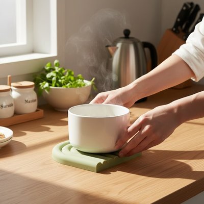 Dessous de plat en silicone résistant à la chaleur, placé sous une casserole.
